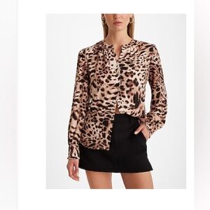 Express ruffled leopard cuffed classic blouse XS